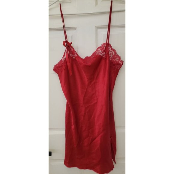 Victorias Secret Angel Red Lace Satin Nightgown Slip Dress Bow Adjustable Straps - Picture 2 of 16